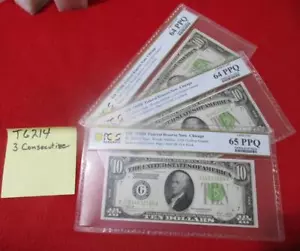 3 CONSECUTIVE 1928B $10 FEDERAL RESERVE NOTES. PCGS 65,64,64 PPQ #MF-T6214 - Picture 1 of 5