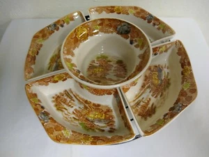 Vintage Porcelain NASCO Lazy Susan with 4 Dishes & Center Bowl in Metal Frame - Picture 1 of 8