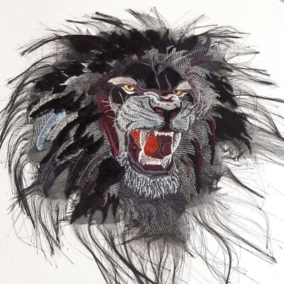 Black Lion Head With Open Mouth Large Handmade Embroidered Patch - Image 1 of 4