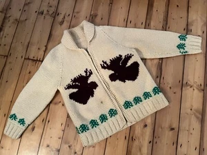 60’s/70’s Heavy Knit Moose Elk Zip Wool Cowichan Cardigan Size Medium - Picture 1 of 12