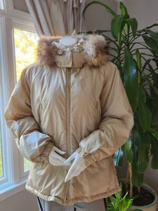 Bogner Women's Ski Snow Jacket Size US 12 Beige Removable Hood/Raccoon Fur Trim - Picture 1 of 16