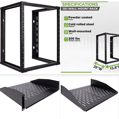 NavePoint 12U for 19" IT Server Open Frame Wall Mount Rack & 2 Vented 2U Shelves - Image 1 of 4