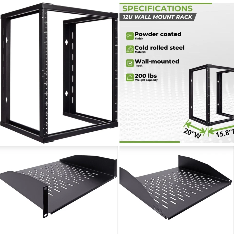 NavePoint 12U for 19" IT Server Open Frame Wall Mount Rack & 2 Vented 2U Shelves - Image 1 of 4