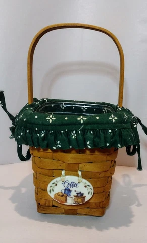 Longaberger 1998 Basket Stationary Handle Heritage Green Liner Protector Tie- On Cover