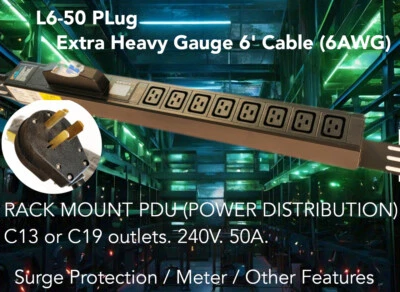 12500w 250V Rackmount Mining PDU Server L6-50P 50A Amp 8 C19 Surge for KASPA BTC - Image 1 of 4