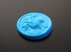 LION and GRYPHON turquoise blue Magnesite gemstone Cameo*oval*16mmx13mm*Seal - Picture 1 of 11