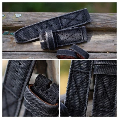 Correa de reloj de lona enrollada hecha a mano negra envejecida de 26 mm lista para usar *pagada en EE. UU. Foto 1 de 4