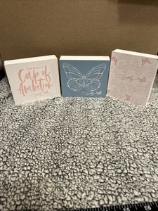 Set Of 3 Dolly Parton Wooden Decor Blocks Pink Butterfly /Blue Butterfly/ Cup - Picture 1 of 15