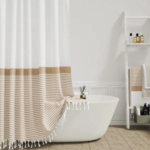 Beige Fabric Shower Curtain, Farmhouse Boho Striped Tassel Shower Curtains fo... - Picture 1 of 6