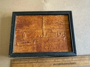 Antique Vintage Tooled Leather Art Seascape Fishing Boat Seagulls Original Frame - Picture 1 of 10