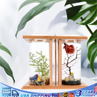 Desktop Dual Glass Fish Tank LED Light Home Office Ornaments Betta Aquarium Set - Image 1 of 4