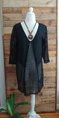 Raviya Black Mesh Swimsuit Cover Up Tunic Dress Sz M V-Neck Beach Resort NWOT  - Image 1 of 4