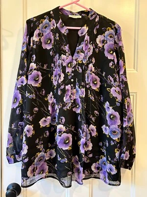 Coldwater Creek Women's Plus Size 1X Pintuck Chiffon Floral Long Sleeve Top - Image 1 of 4