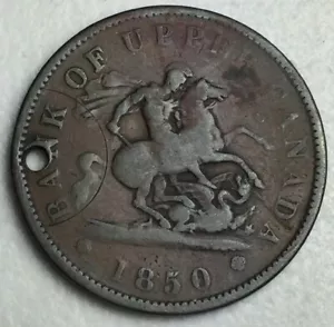 1850 Bank Of Upper Canada ONE PENNY TOKEN - HOLED - Picture 1 of 6