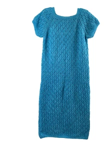 Vintage 70's Handmade Knitted Dress Womens Medium Turquoise Blue Midi - Picture 1 of 8