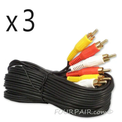 3 Pack Lot - 12ft 3-RCA Composite Video Stereo Audio AV Cable Cord Wire VCR DVD - Image 1 of 3