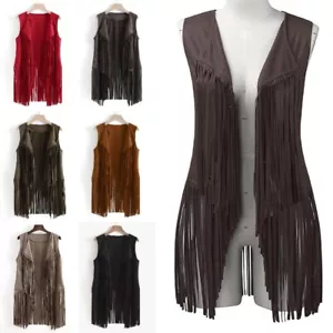 Lady Tassel Fringe Gilet Waistcoat Sleeveless Jacket Cardigan Tops Plain Thin - Picture 1 of 18