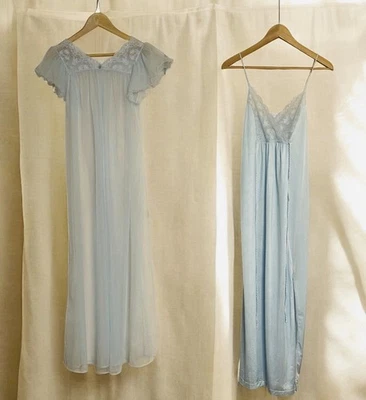 Vtg Light Blue Negligee Peignoir Set Midi Lace Trim  Nightgown Robe Women S - Image 1 of 4