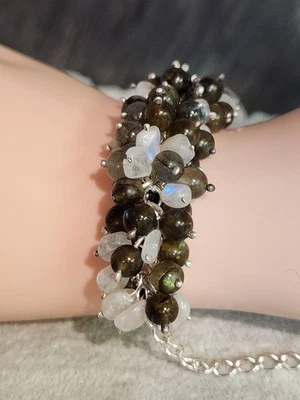 Genuine Sterling Silver/ Labradorite & Rainbow Moonstone Grape Cluster Bracelet - Image 1 of 4