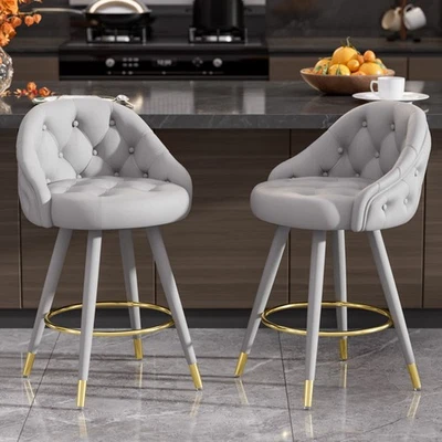 26in Swivel Bar Stools Set of 2 Velvet Tufted 300lb Capacity Footrest Wood Legs - Image 1 of 4