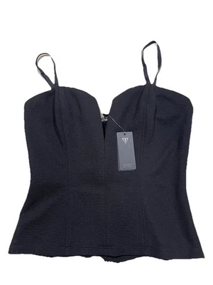 GUESS FORMAL CORSET TOP BLACK RIBBED SIDE ZIP DEEP V-CAMI SIZE L NWT - Image 1 of 4