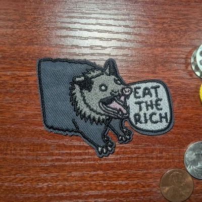 Eat The Rich Patch Possum Animals Slogan Embroidered Iron On Patch 2.25x3.75" - Image 1 of 3