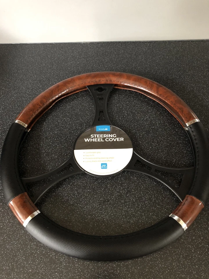 FIAT DUCATO VAN STEERING WHEEL COVER BLACK/WALNUT DESIGN FITS WHEELS 39/41CM  - Image 1 of 4
