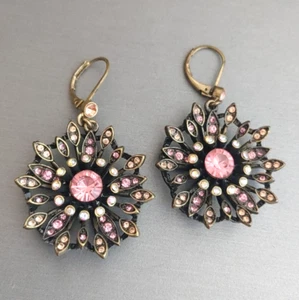 Antiqued Gold Tone Pink Rhinestone FLOWER Earrings Leverbacks Vintage Style 2” - Picture 1 of 7