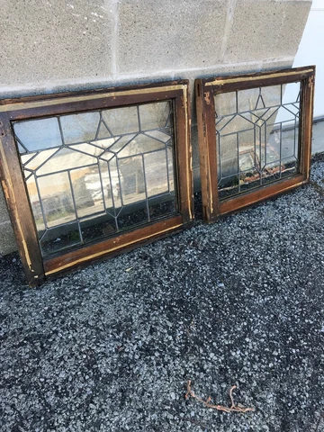 MK 77 Pair Antique Deco leaded glass fire side windows 21 x 24.5 Cover