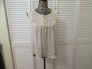 Mine Blouse Top M Sheer cream color dots pleated yokelace trim,buttons - Picture 1 of 6