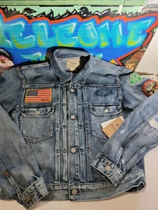 NWT Polo Ralph Lauren SPORTSMAN Distress Patch Trucker Denim Jean Jacket SMALL - Picture 1 of 6