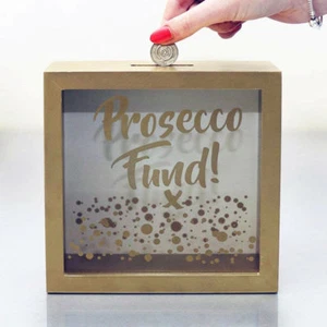 Prosecco Wine Fund Money Box - Gold Wooden Outer With Clear Glass Front - Gift - Picture 1 of 2