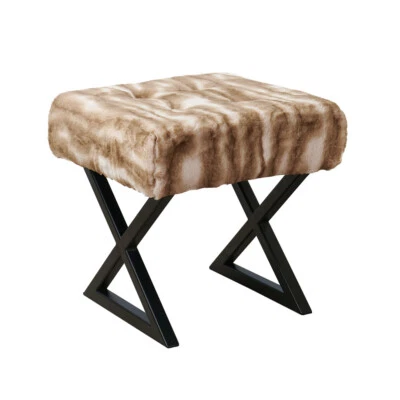 Stripe Faux Fur Square Ottoman Foot Stool Vanity Makeup Seat w/ Metal X-Leg 19"H - Image 1 of 4