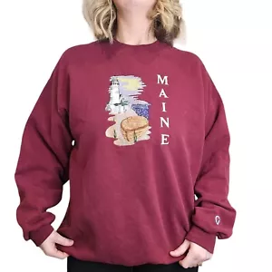 Vintage 90s Maine Large Embroidered Crewneck Sweatshirt Maroon Lighthouse Beach - Picture 1 of 10