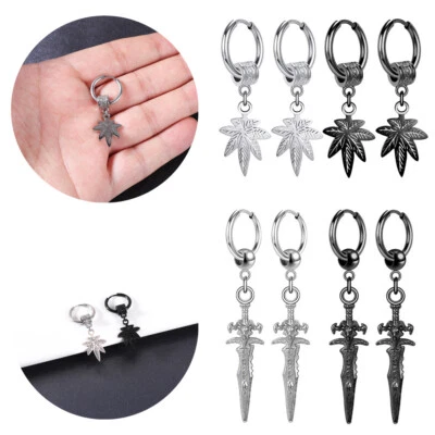 1 Par de Pendientes de Aro Huggie de Acero Quirúrgico Hoja Espada Cuelga Pendientes Gota Joyería Foto 1 de 4