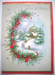 Garland of holly bells glitter around church Christmas greeting card *B8 - Picture 1 of 3