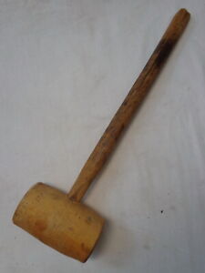 Antique Wooden Mallet Round Head Hammer 16" Vtg Primitive Soviet Hand Tool USSR