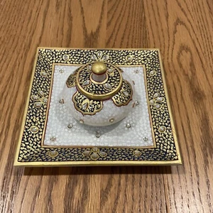 Marble Round Dried Fruit Containers And Square Tray 24kt Gold Trim And Beaded - Picture 1 of 10
