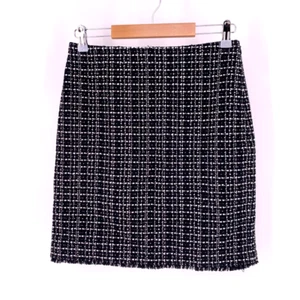 Ann Taylor Women's 2 Pencil Skirt Black White Tweed Fringe Wool Academia Preppy - Picture 1 of 7