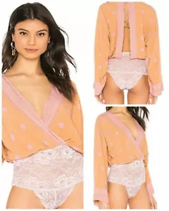 Free People On Board Orange&Pink Top Boho Blouse Lace Bodysuit Long Sleeve Sz L - Picture 1 of 7