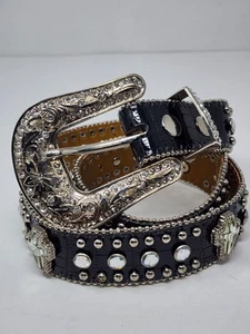 Cintura donna Nocona 26 nera western borchiata strass croci fibbia bling - Foto 1 di 7