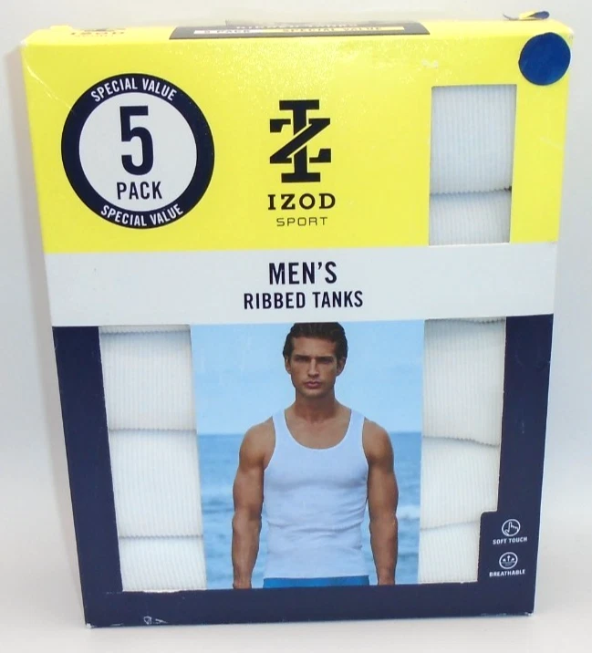 NOVO "TANQUES COM NERVURAS DE MISTURA DE ALGODÃO ESPORTIVO IZOD MASCULINO, PACOTE COM 5 REGATAS" Escolha - Imagem 1 de 1