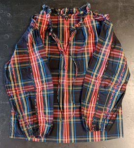 J. Crew Red HOLIDAY Ruffled Scalloped Tie-Neck Top Stewart Tartan Plaid Small - Picture 1 of 13