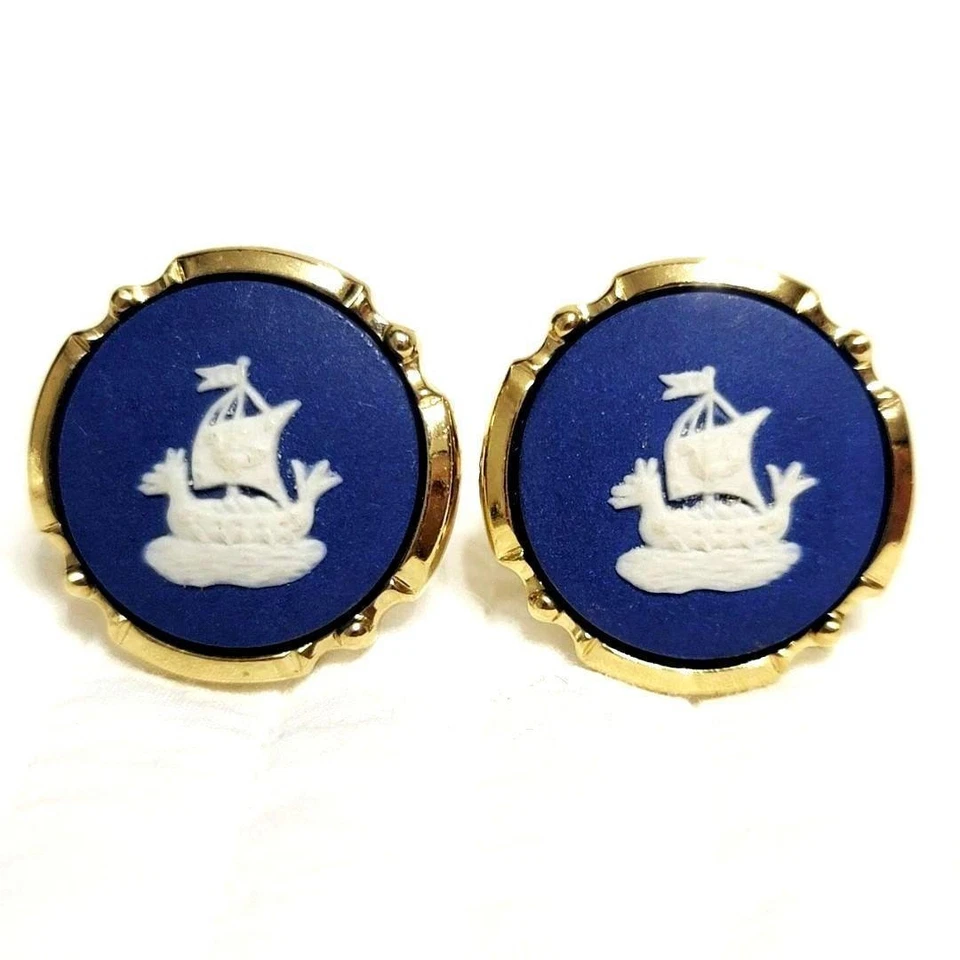 Gemelos Wedgwood Jasper Velero Azul/Blanco Metal Grande L Foto 1 de 4