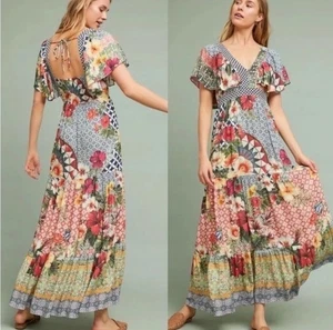 Farm Rio Patchwork Dress Size Small Petite Anthropologie Flutter Sleeve Helja - Picture 1 of 11