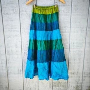y2k Cache 100% Seide Stufen Maxi Rock Gr. XS/S Blau Grün Boho Festival Glam Lux - Bild 1 von 6