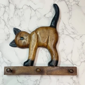Handgefertigte Holz Katze Wand Haken Klammer Rack 3 Heringe skurrile Handarbeit braun 14,5" - Bild 1 von 8