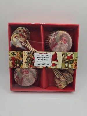 24 VINTAGE DESIGN CHRISTMAS CUPCAKE LINERS AND 24 TOPPERS RETRO SANTA PRESENTS - Image 1 of 4