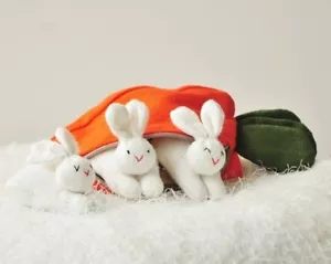 Tres Textiles Conejo Conejo Familia en Zanahoria Cartera Lápiz Juguete Suave Tejido Nuevo - Imagen 1 de 8