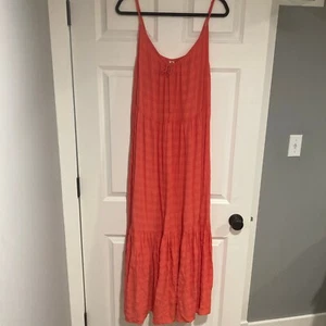 Old Navy Dress Sz XL Coral Tiered Tie Front Maxi Swing Sundress Red Lory - Picture 1 of 11
